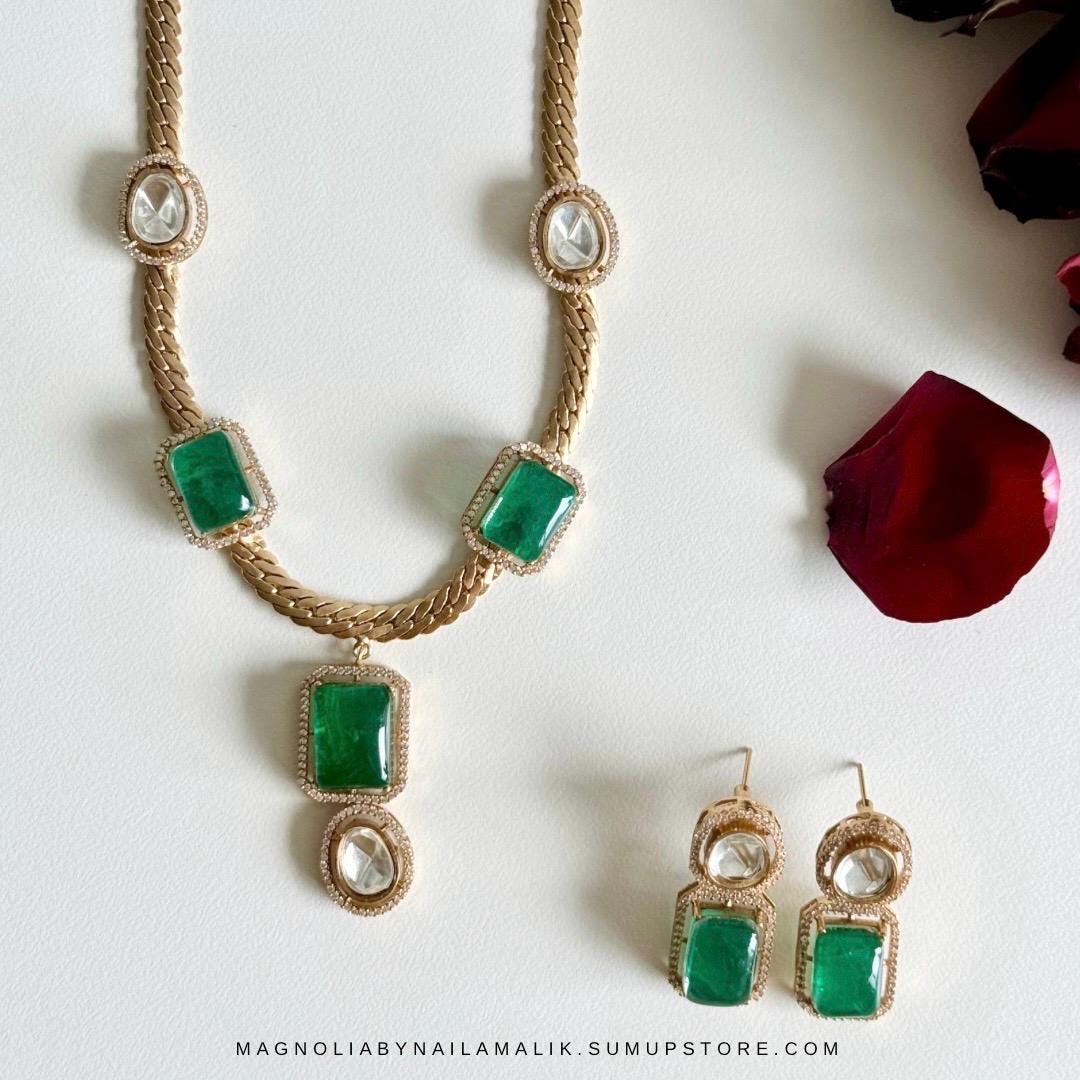 FAY Polki Green and Gold Necklace and Earrings Set | Gift Box Included | Wedding Jewelry