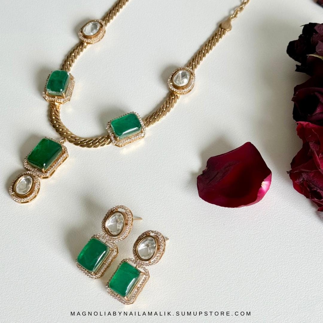 FAY Polki Green and Gold Necklace and Earrings Set | Gift Box Included | Wedding Jewelry