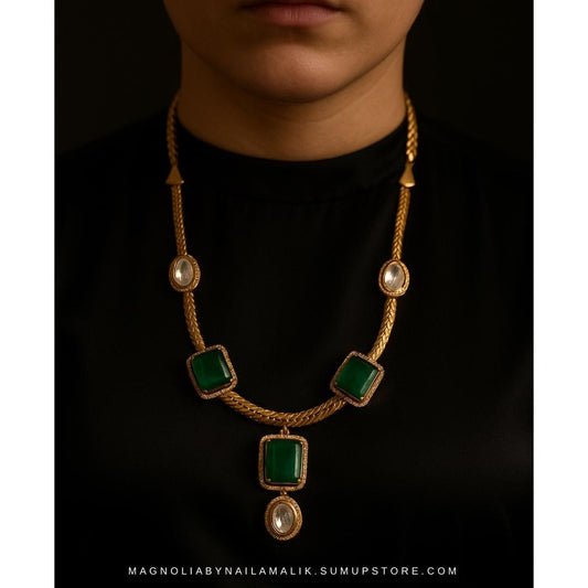 FAY Polki Green and Gold Necklace and Earrings Set | Gift Box Included | Wedding Jewelry