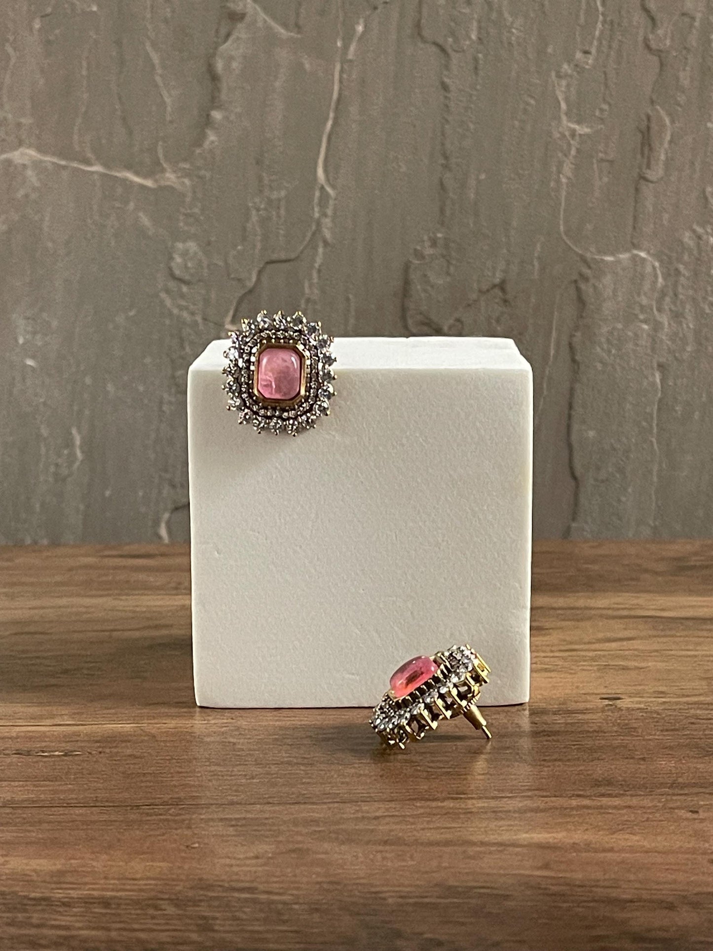AMY |Pink Statement Stud Earrings: Gold-Plated Brass, CZ Halo