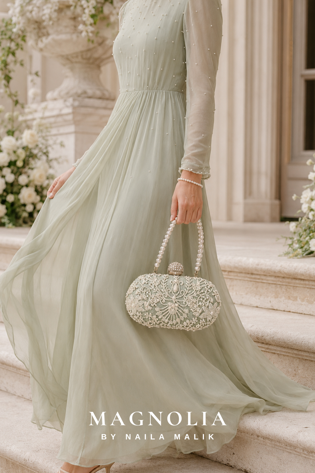 MALLAWI | Sage Green Pearl Embellished Clutch