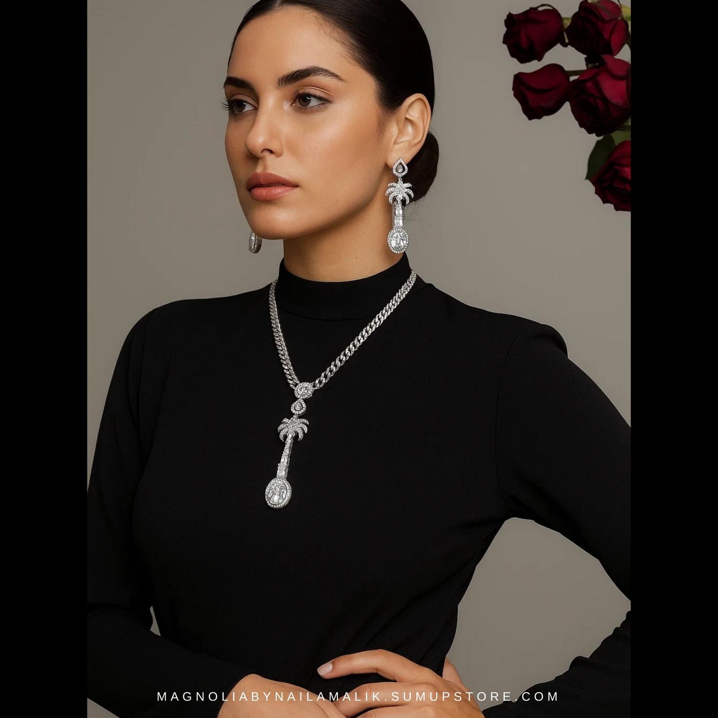 LARA Palm Tree Motif Designer Statement Necklace and Earrings Set in Silver