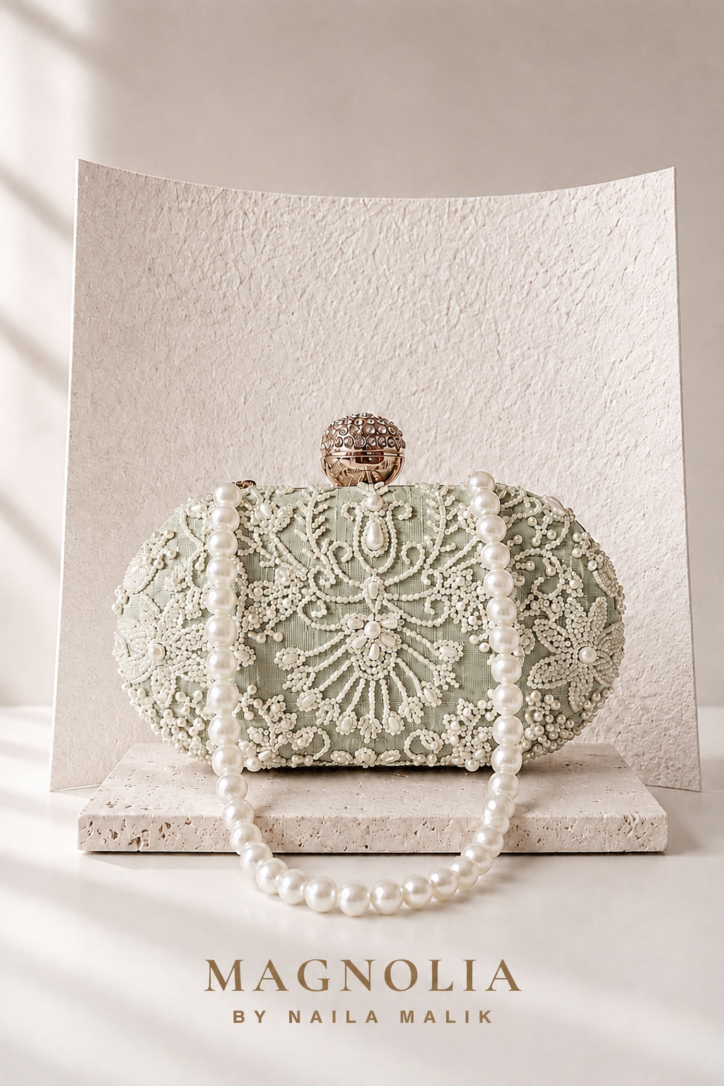 MALLAWI | Sage Green Pearl Embellished Clutch