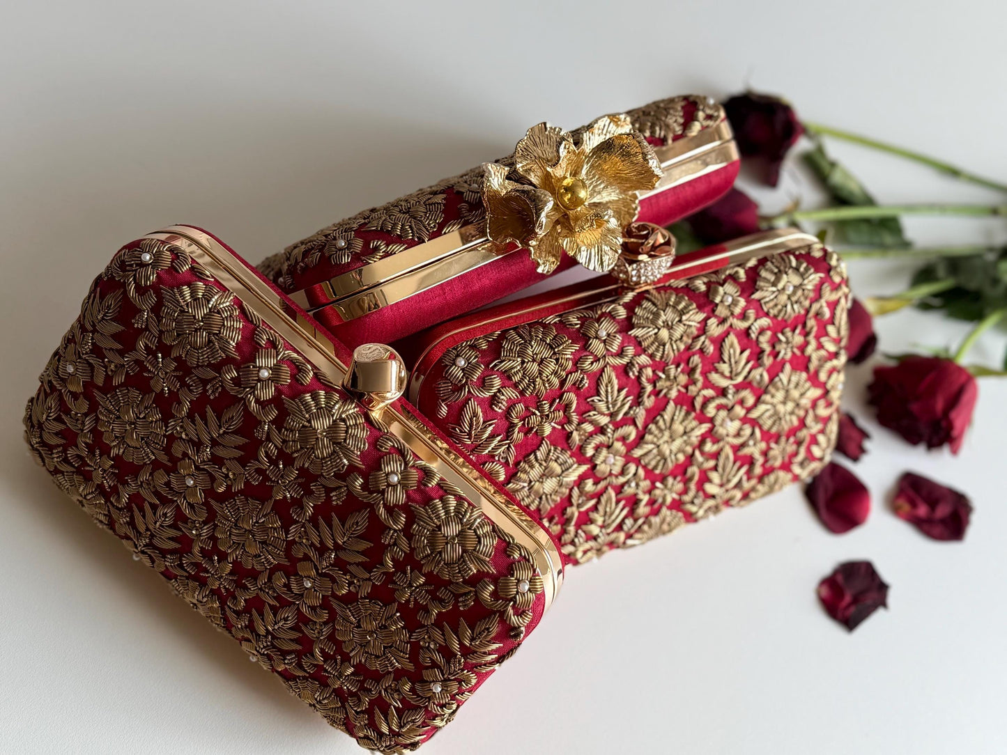DELHI Knot Clasp |Dark Red Silk Clutch | Antique Gold Dabka Work | Handcrafted Bridal Evening Bag