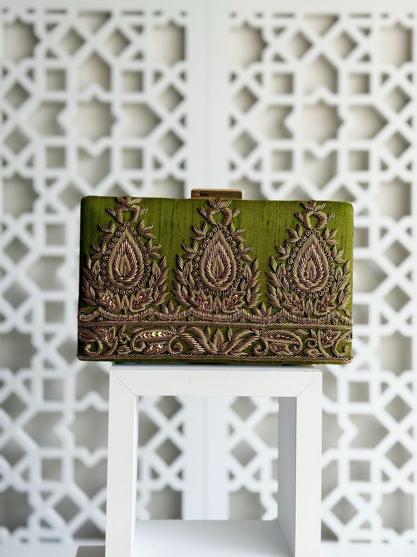 AMARNA | Hand Embellished Olive Green Clutch | Zardozi Dabka Embroidery | Paisley Wedding Clutch | Festive Bridal Purse | Traditional Evening Bag