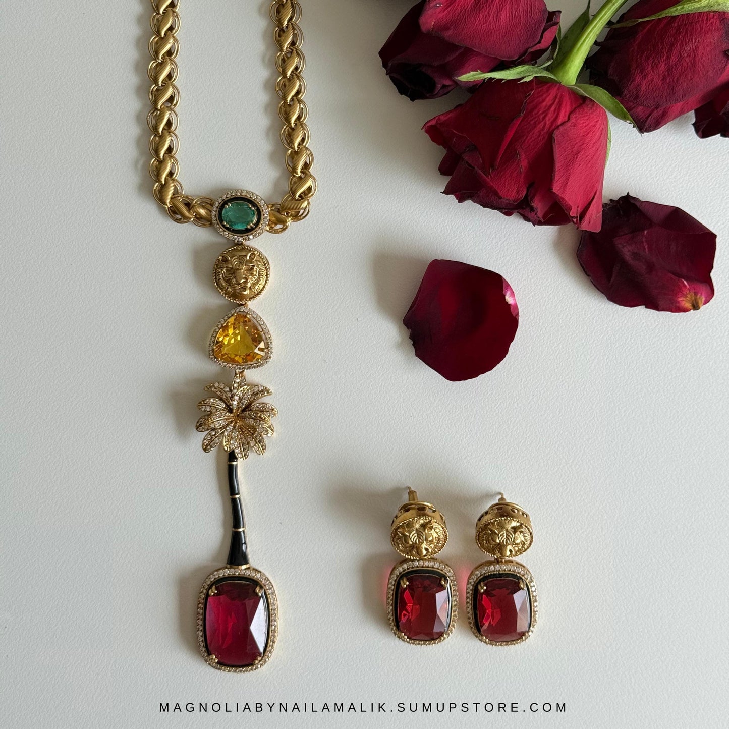 LANA Tiger and Palm Motif Designer Statement Necklace and Earrings Set in Green, Yellow and Red Stones 2 Variations