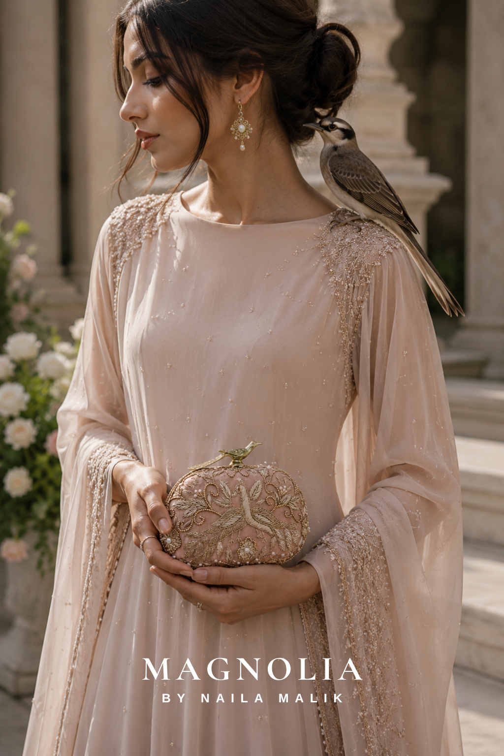 BUSAN | Dusty Rose Bird Embroidery Clutch