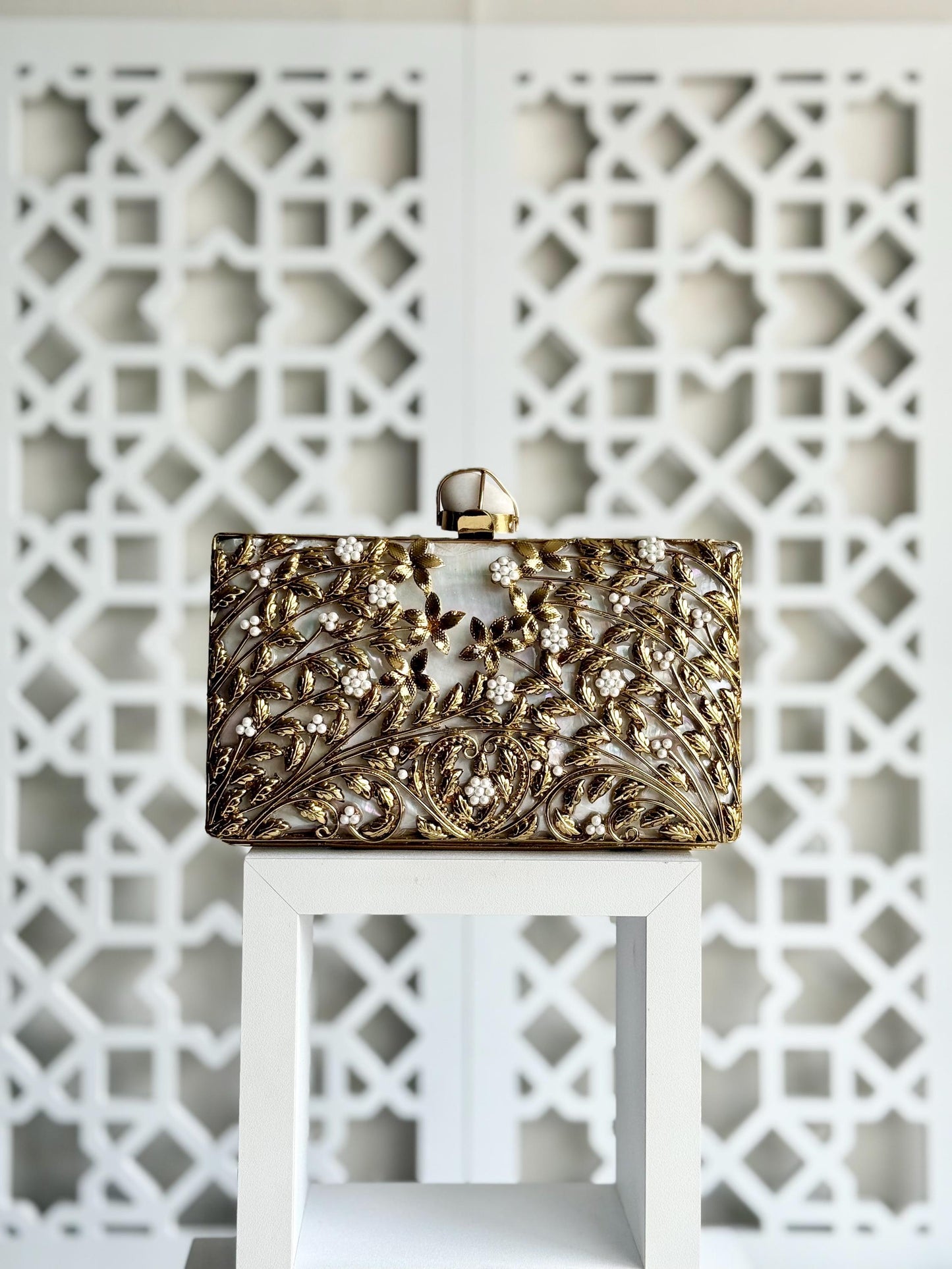 MELBOURNE | Gold Motif Rectangle Clutch Bag Mother of Pearl Evening Purse