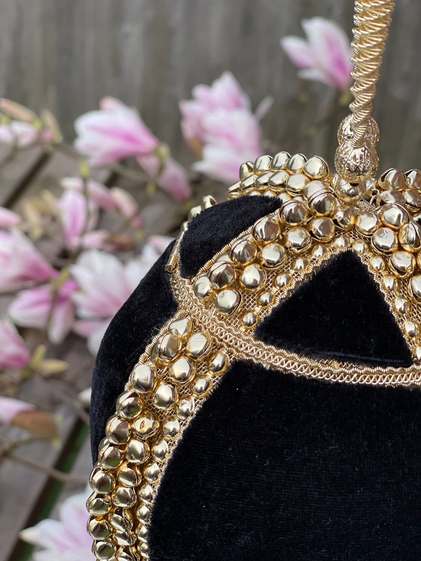VIENNA | Velvet Black Brass Potli Bag Round Clutch Purse | Gold Hangings | Unique Statement Bag