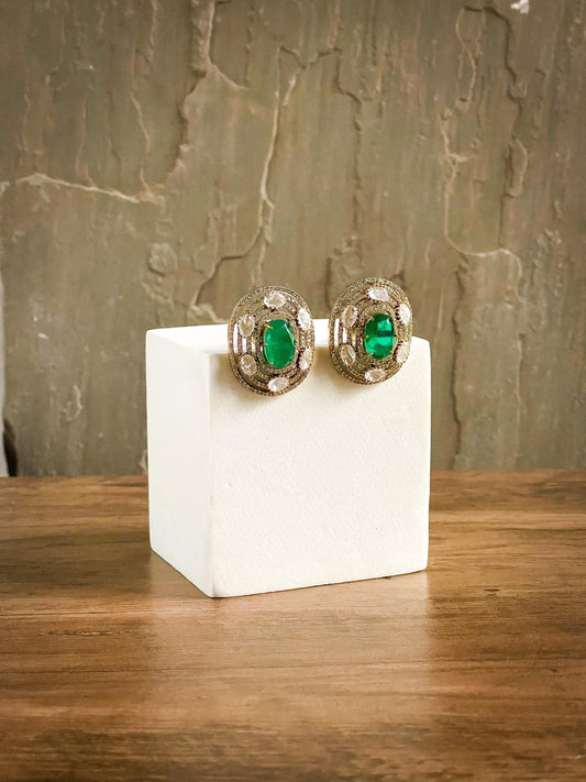 JADE| Green and Gold Oversized Stud Earrings: Jade Green Polki Statement Jewelry | Birthday Gift Idea
