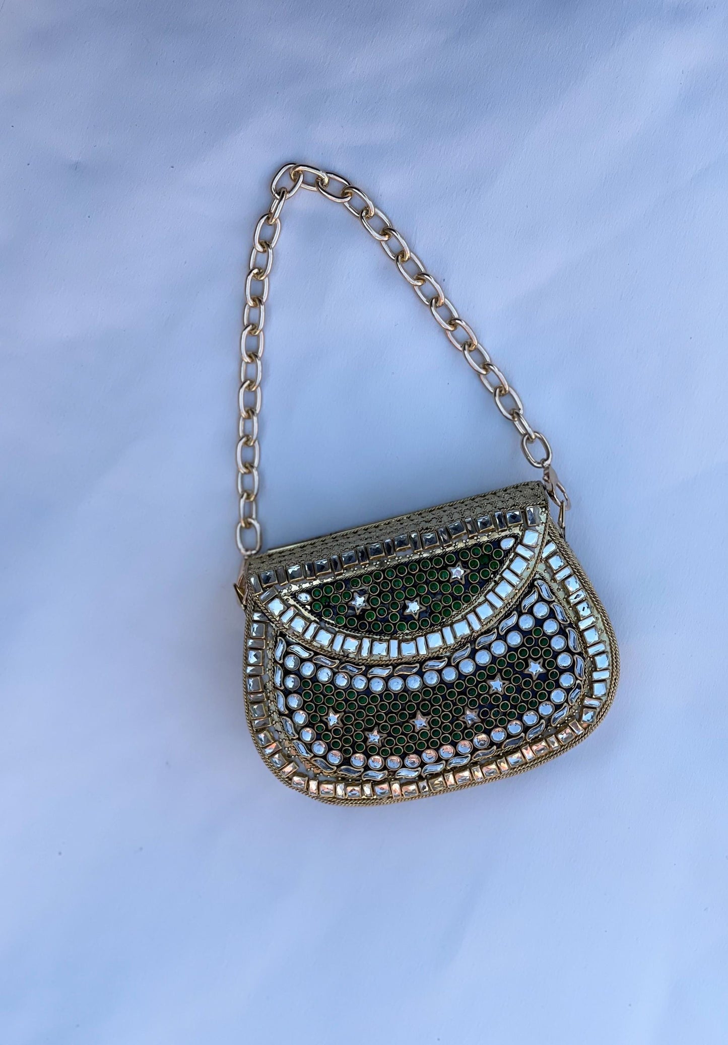 MASHHAD | Gold & Green Evening Bag | Kundan Clutch | Mini Embellished Minaudière Bag | Indian Wedding Purse | Handcrafted Bridal Clutch