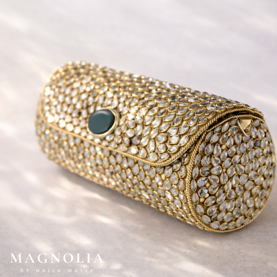 MEDINA SOUQ | Kundan Barrel Clutch with Green Stone