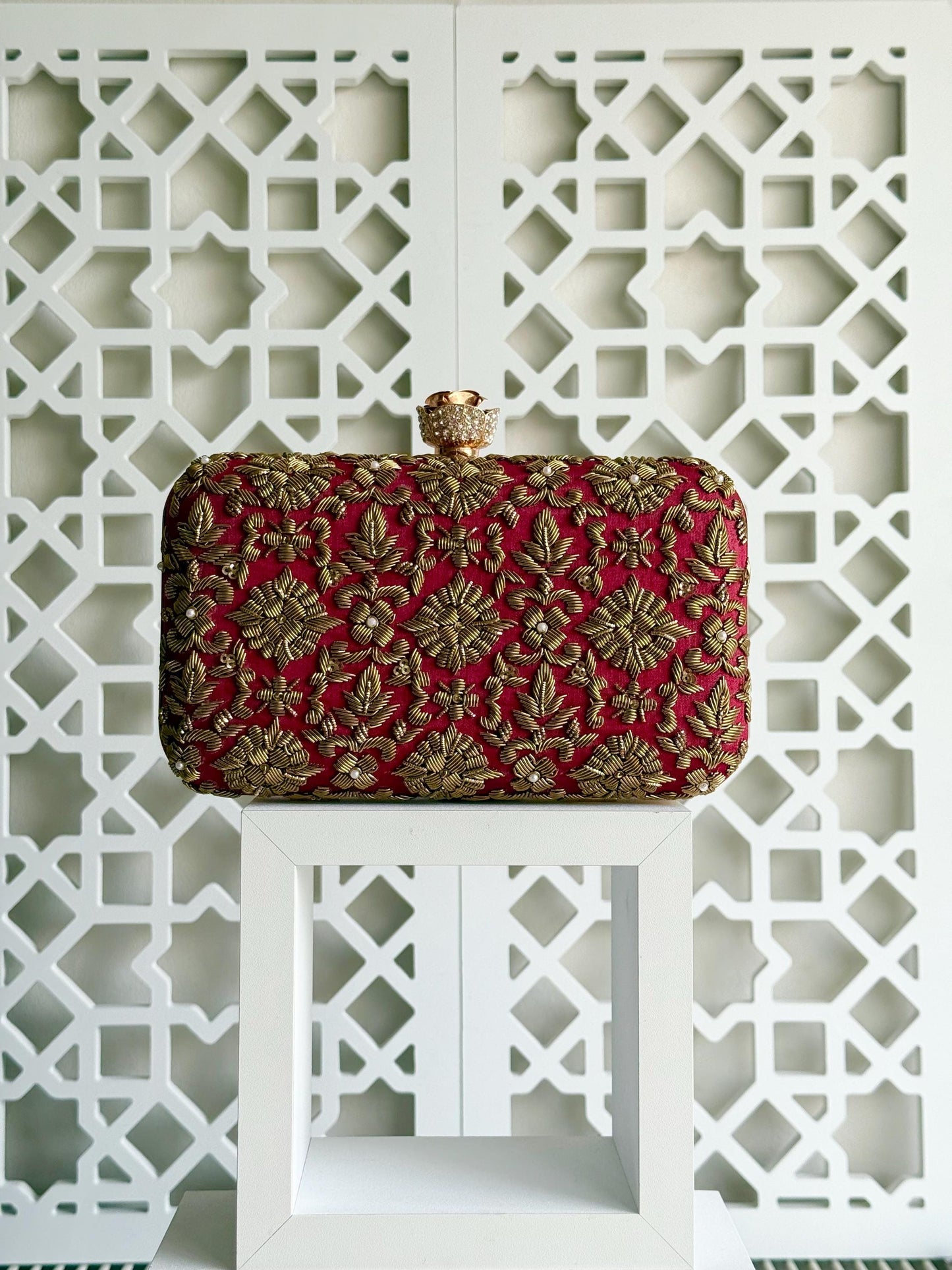 DELHI ~ Rose Clasp|
Dark Red Silk Clutch | Antique Gold Dabka Work | Handcrafted Bridal Evening Bag
