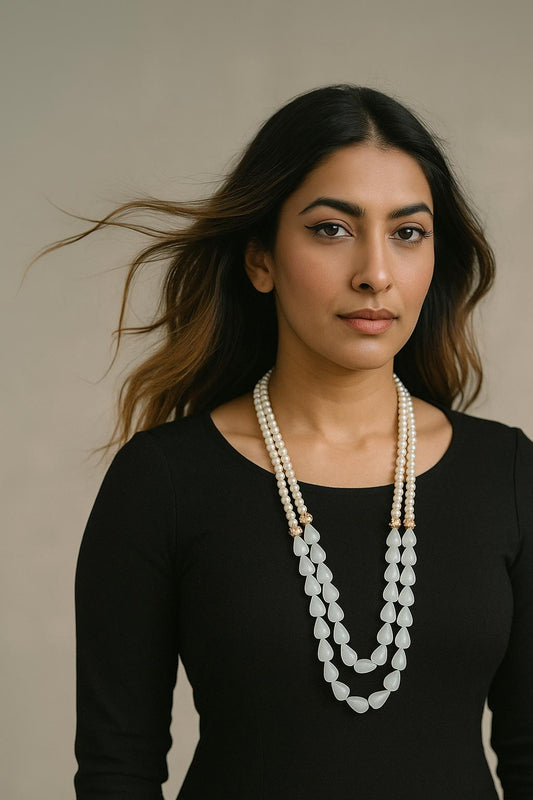 KAI | Handmade Pearl & Stone Drop Necklace: Layered Beaded Mala, Bridal Jewelry