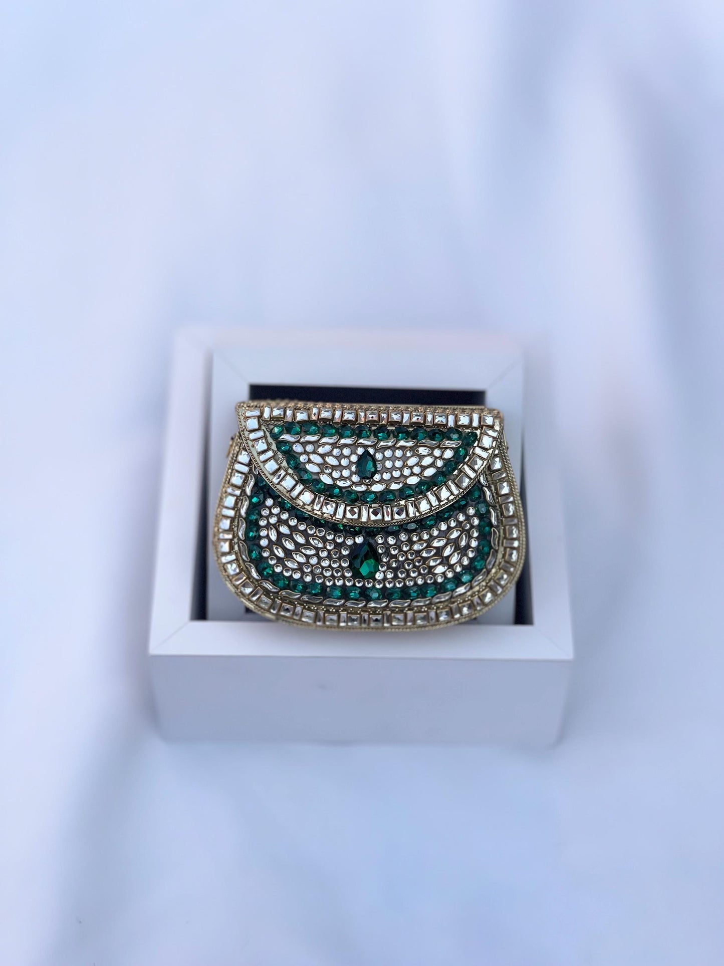 SHIRAZ | Luxury Kundan Clutch | Mini Embellished Minaudière Bag | Indian Wedding Purse | Gold & Green Evening Bag | Handcrafted Bridal Clutch |Ethnic