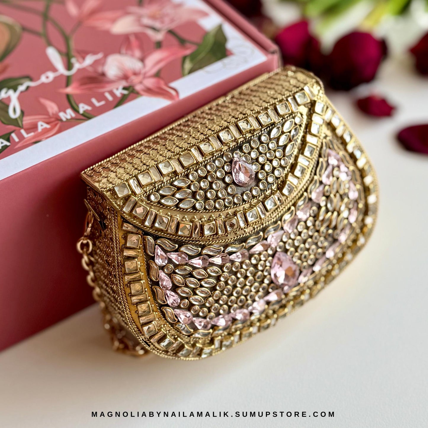 Luxury Kundan Clutch | Mini Embellished Minaudière Bag | Indian Wedding Purse | Pink & Green Evening Bag | Handcrafted Bridal Clutch |Ethnic