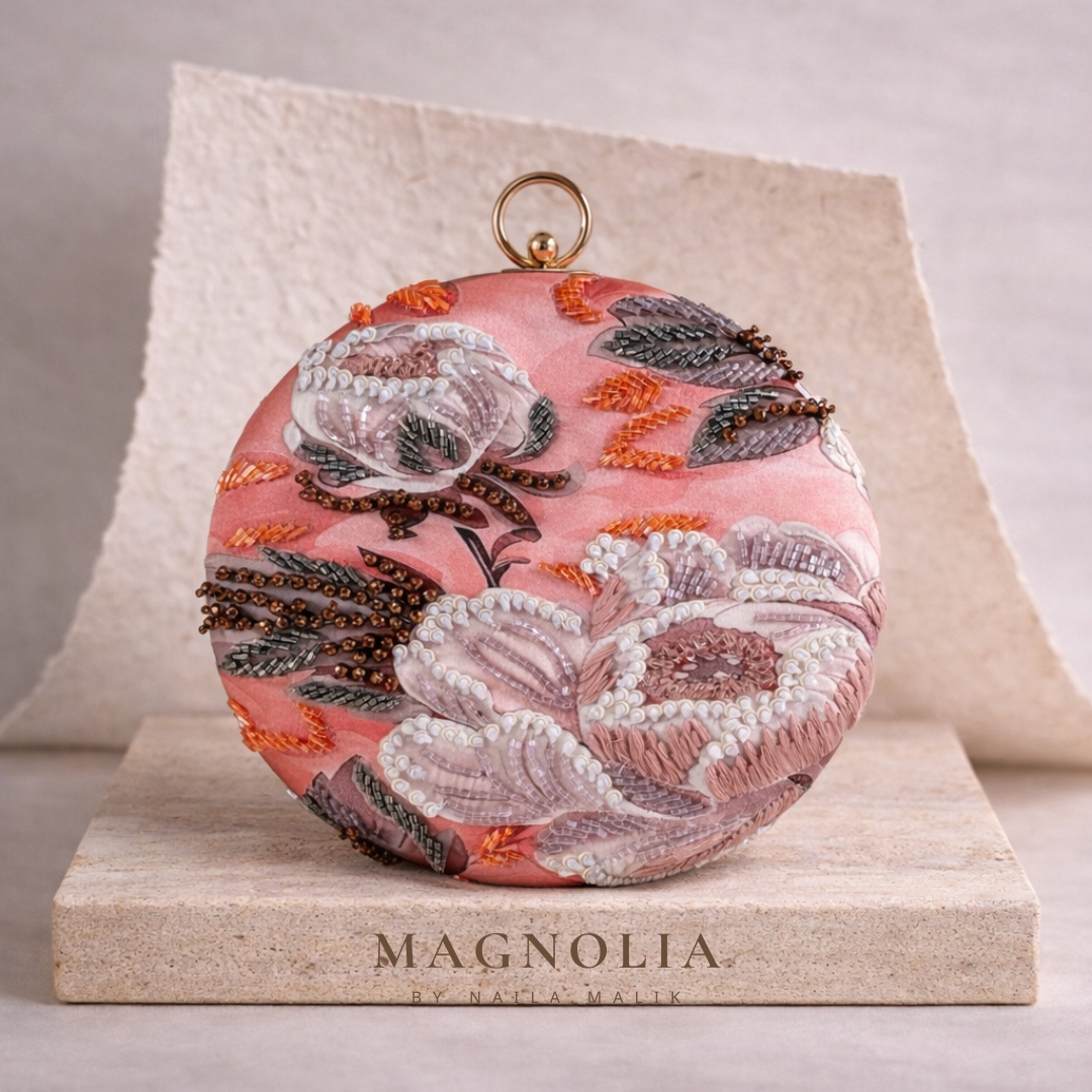 SAMARKAND| Round Silk Printed & Embellished Clutch Bag