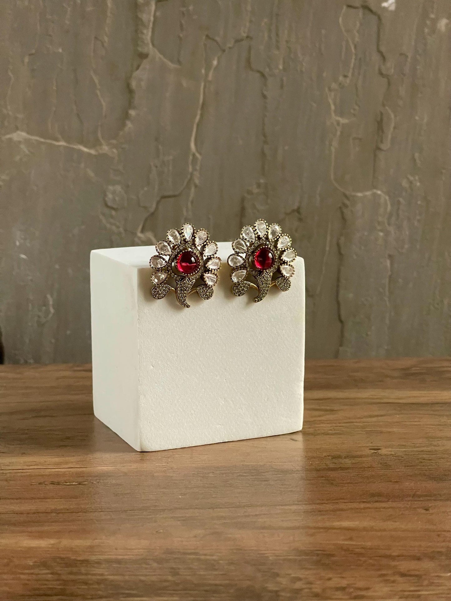 GLORIA | Polki Floral Statement Studs: Crystal & Antique Gold, Red/Pink/Green