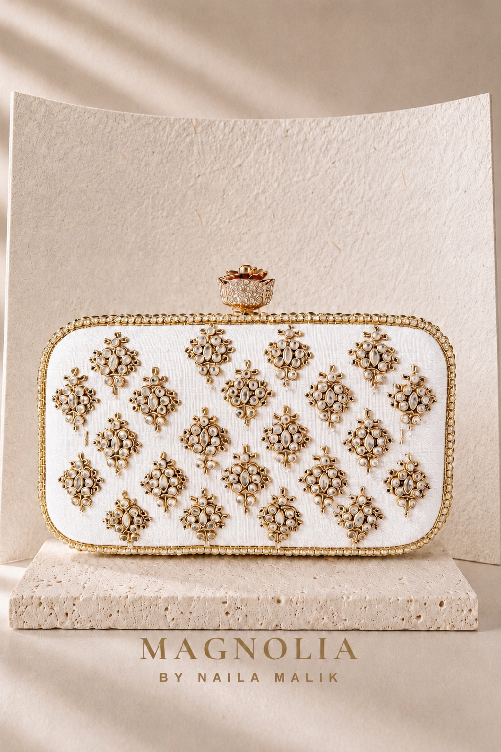 MANAMA | Kundan White Silk Clutch