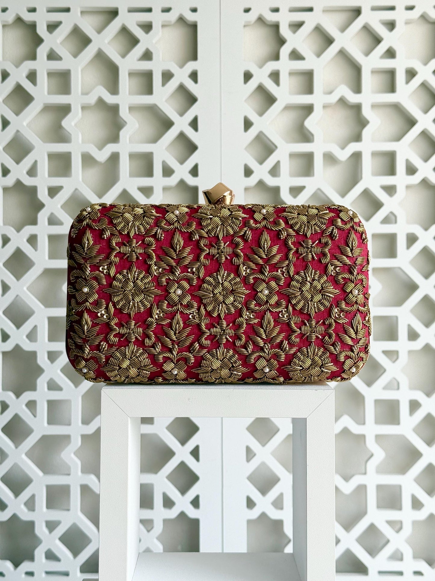 DELHI Knot Clasp |Dark Red Silk Clutch | Antique Gold Dabka Work | Handcrafted Bridal Evening Bag