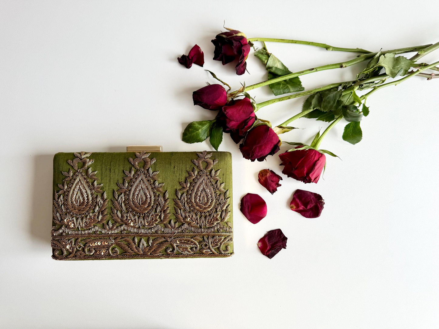 AMARNA | Hand Embellished Olive Green Clutch | Zardozi Dabka Embroidery | Paisley Wedding Clutch | Festive Bridal Purse | Traditional Evening Bag
