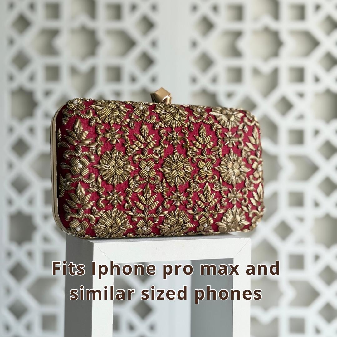 DELHI Knot Clasp |Dark Red Silk Clutch | Antique Gold Dabka Work | Handcrafted Bridal Evening Bag