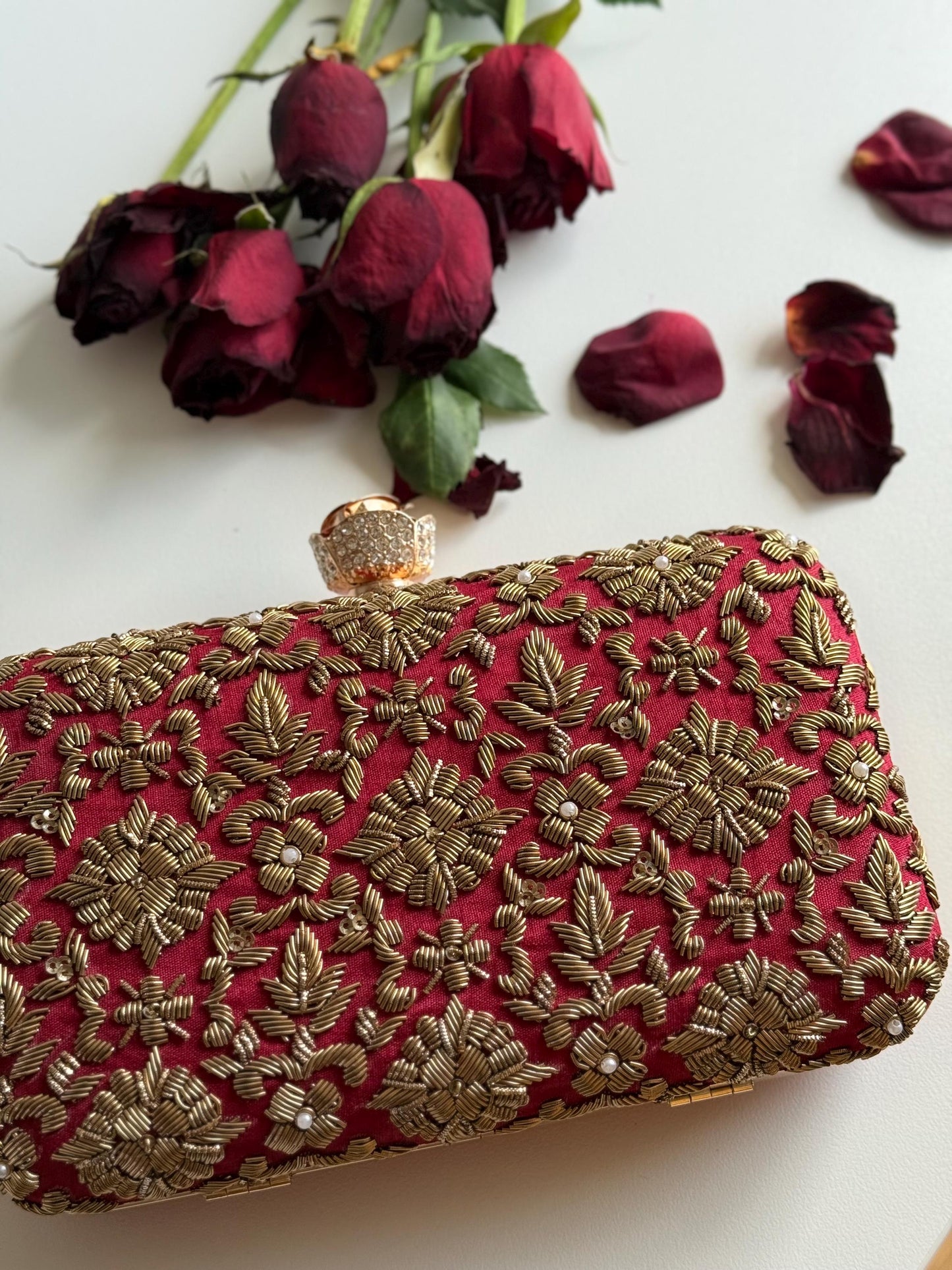 DELHI ~ Rose Clasp|
Dark Red Silk Clutch | Antique Gold Dabka Work | Handcrafted Bridal Evening Bag
