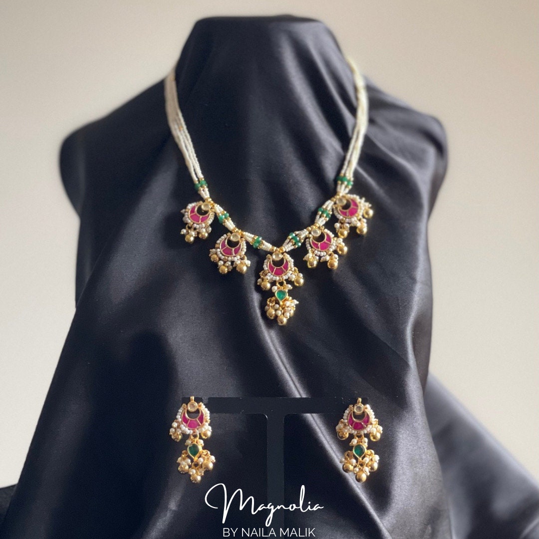 SUKHJOT | White and Gold Necklace and Earrings Indian Jewellery Set Bridal