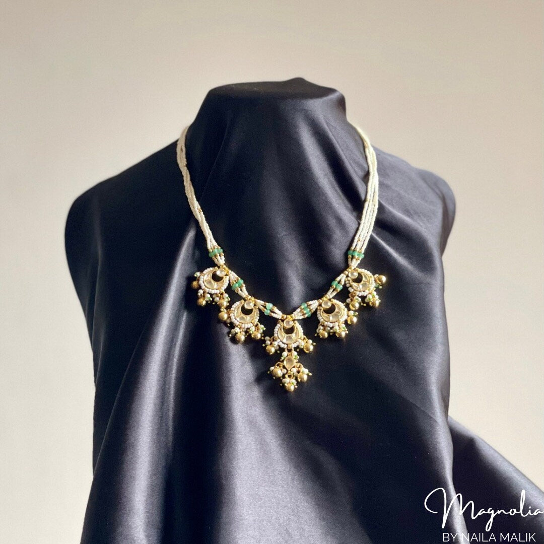 SUKHJOT | White and Gold Necklace and Earrings Indian Jewellery Set Bridal