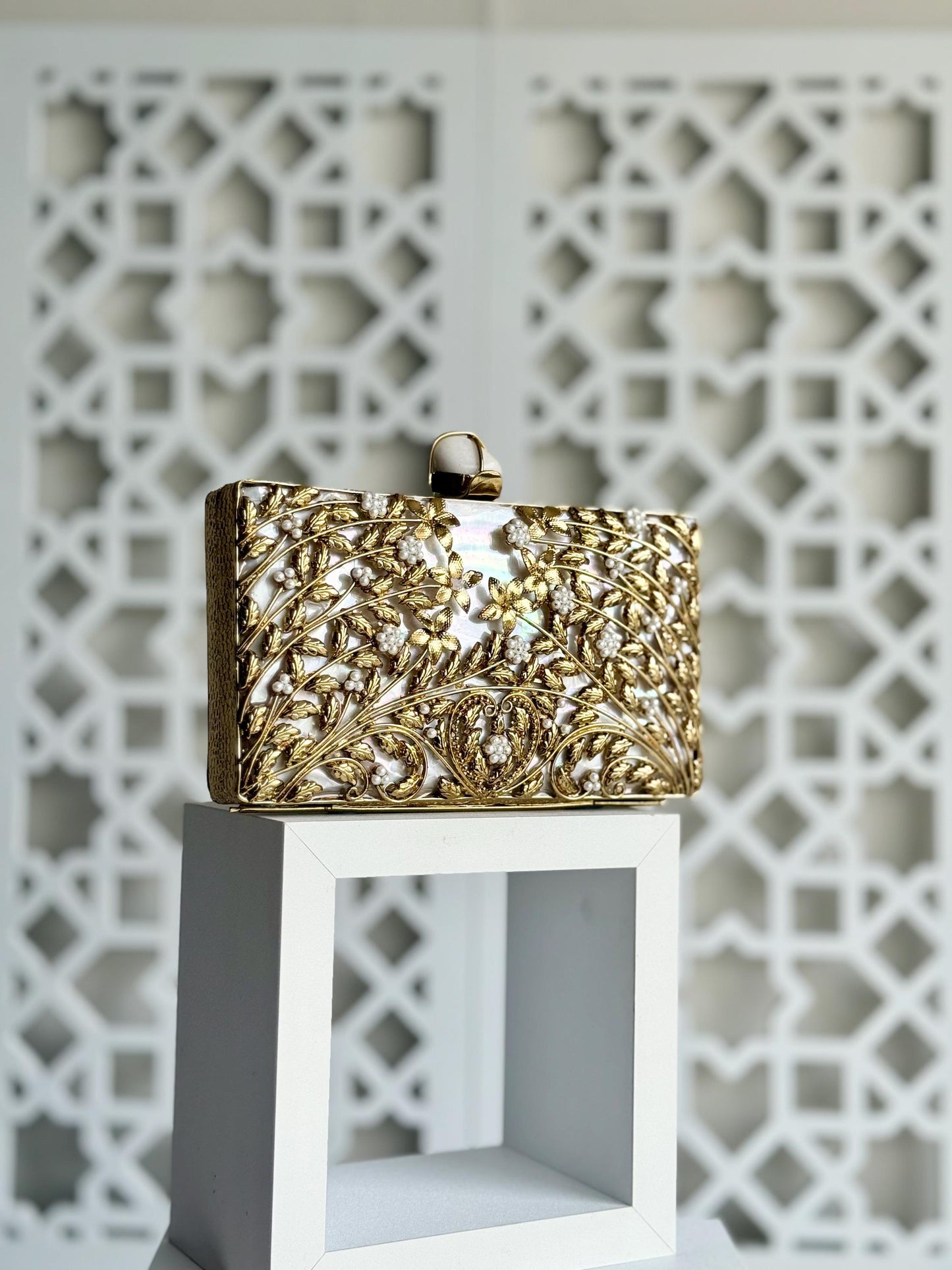 MELBOURNE | Gold Motif Rectangle Clutch Bag Mother of Pearl Evening Purse