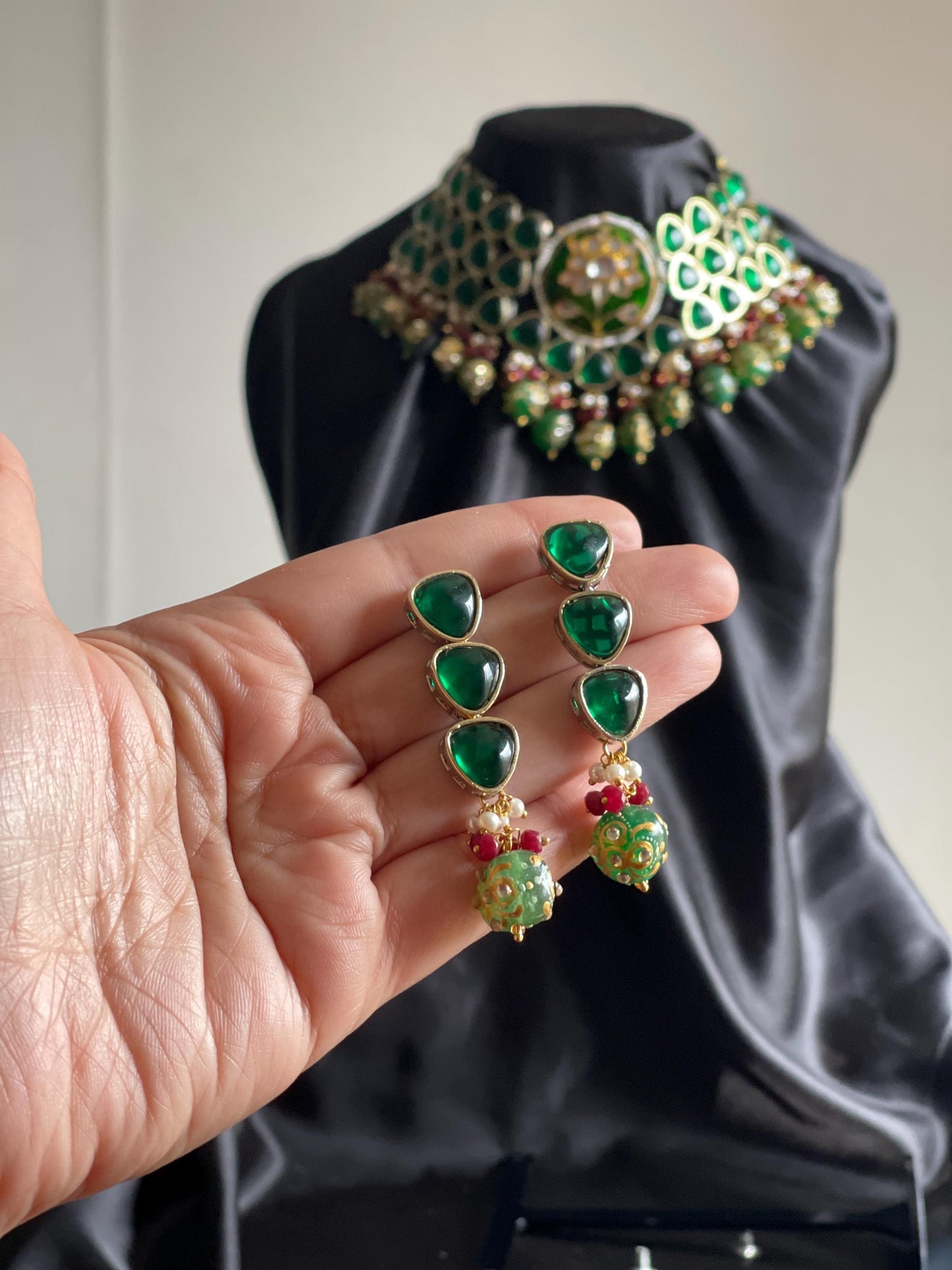 BASANTI | Kundan choker and earrings set traditional green and gold polki jewellery statement pieces gift for her