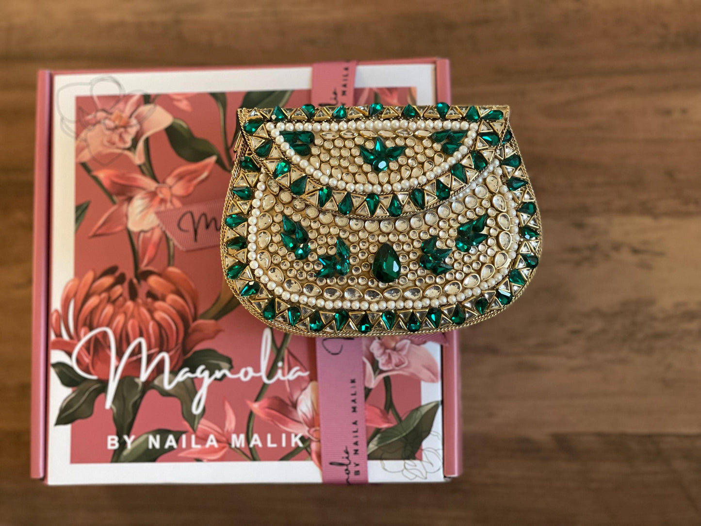 TEHRAN | Gold & Green Evening Bag | Kundan Clutch | Mini Embellished Minaudière Bag |