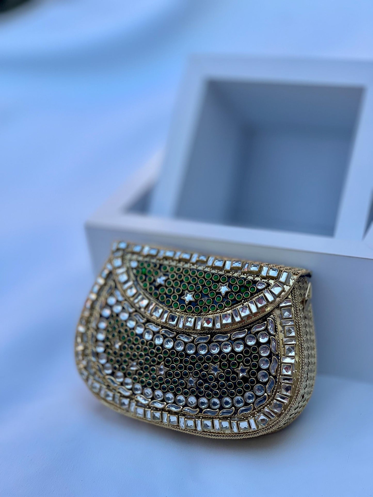 MASHHAD | Gold & Green Evening Bag | Kundan Clutch | Mini Embellished Minaudière Bag | Indian Wedding Purse | Handcrafted Bridal Clutch