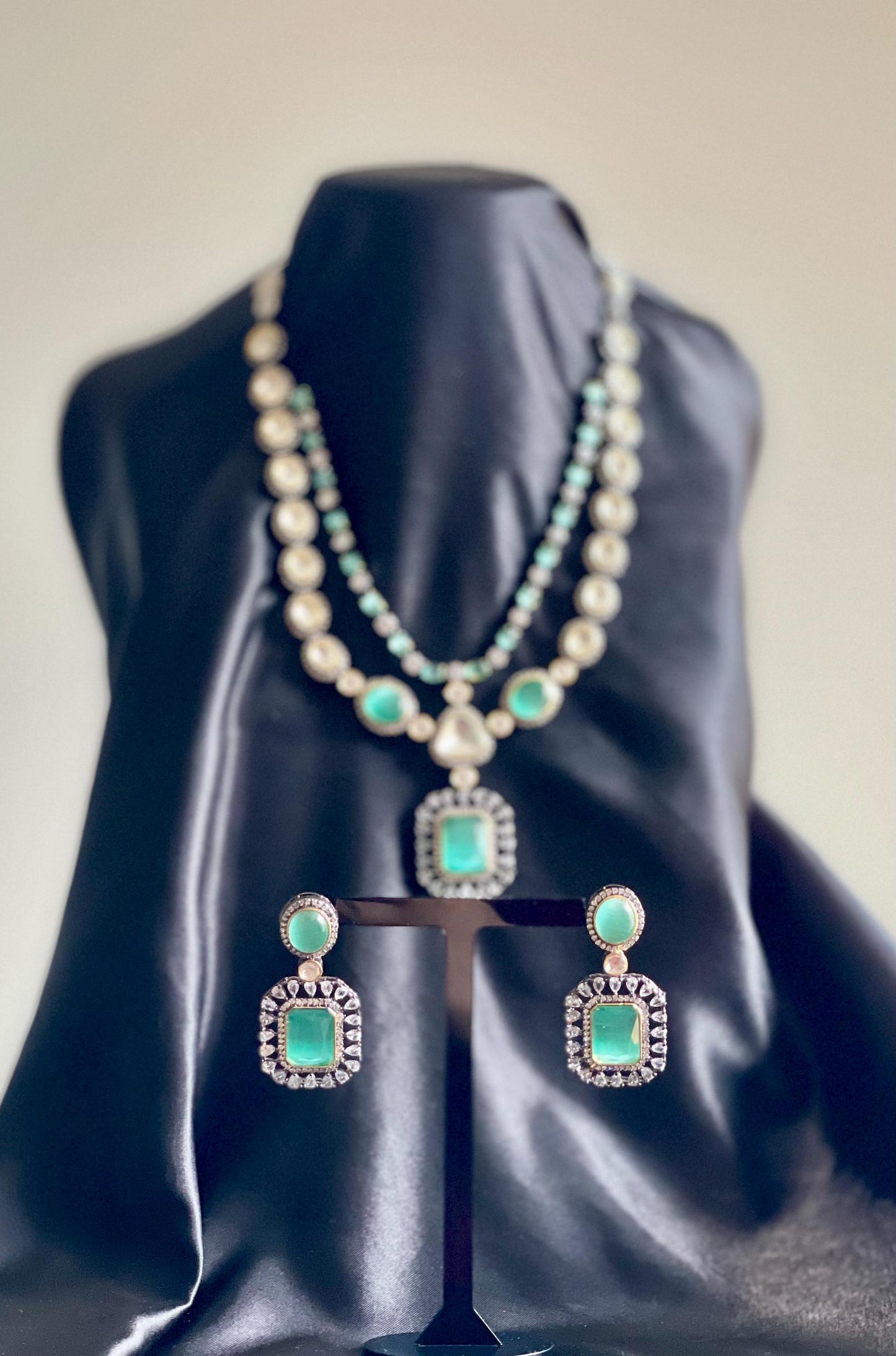 AFSANEY | Turquoise Polki Necklace Set with Crystals & CZ details | Bridal Engagement Jewelry Set