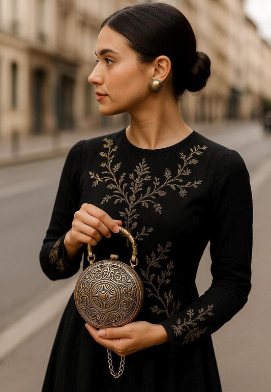 INDORE | Antique Gold Clutch Bag Round Trendy Ethnic Unique