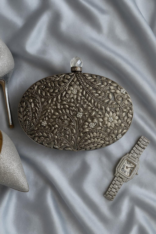 MAEVE | Silver Motif Oval Clutch Bag Mother of Pearl Evening Purse |