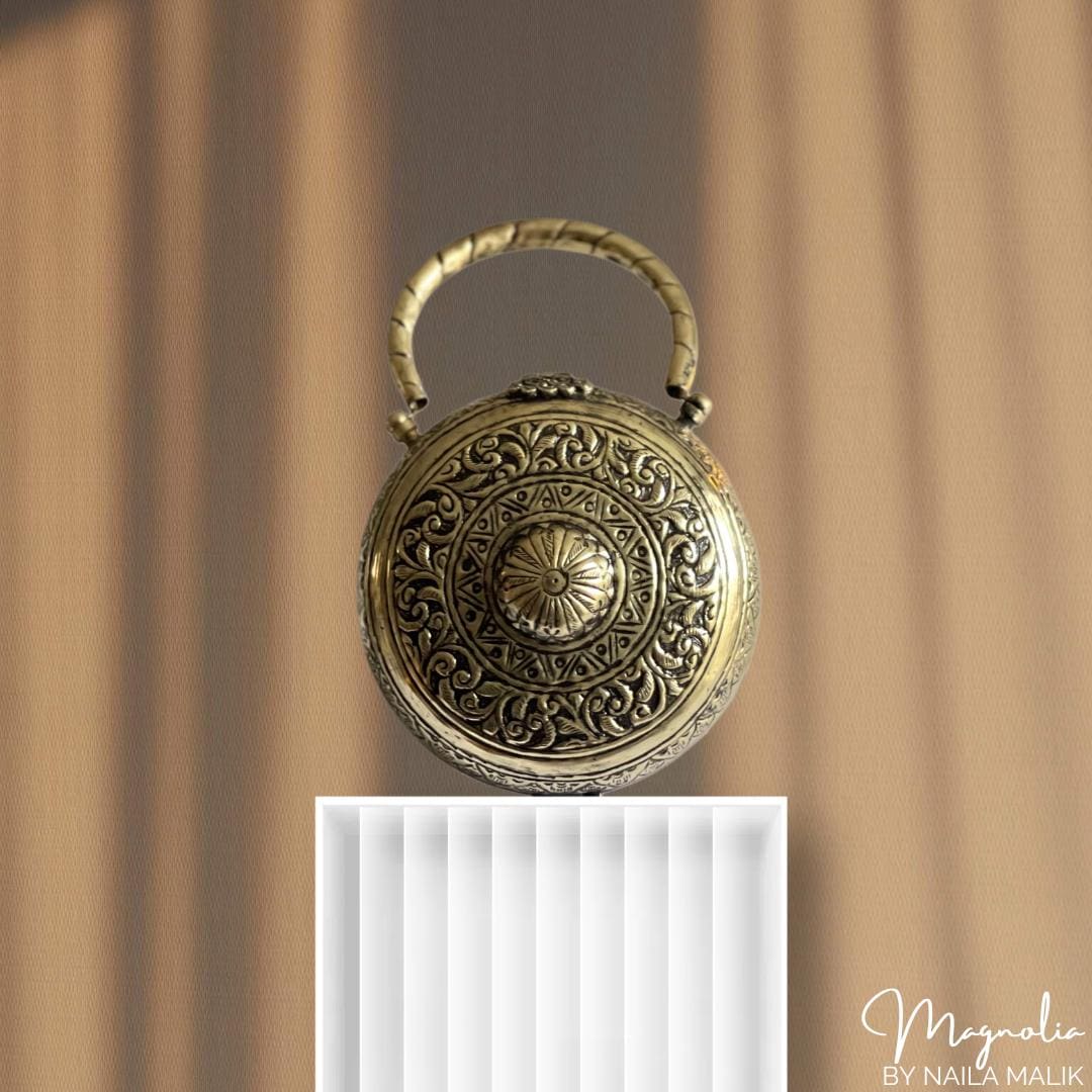INDORE | Antique Gold Clutch Bag Round Trendy Ethnic Unique