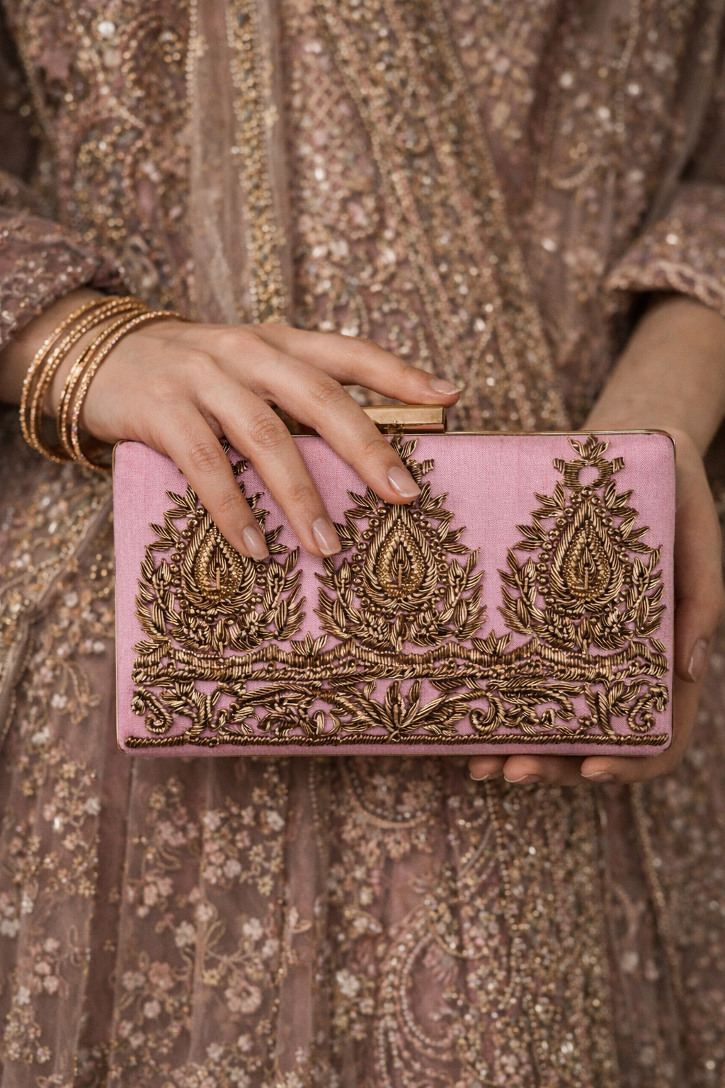 AMARNA | Dusty Rose Pink Embroidered Clutch Bag – Gold Zardozi Bridal Purse, Indian Wedding Evening Bag