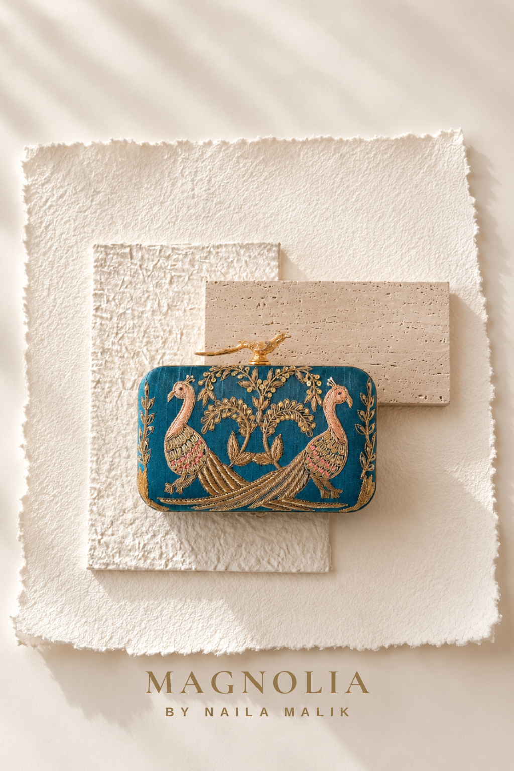 MARBELLA | Teal Bird Embroidery Clutch Bag