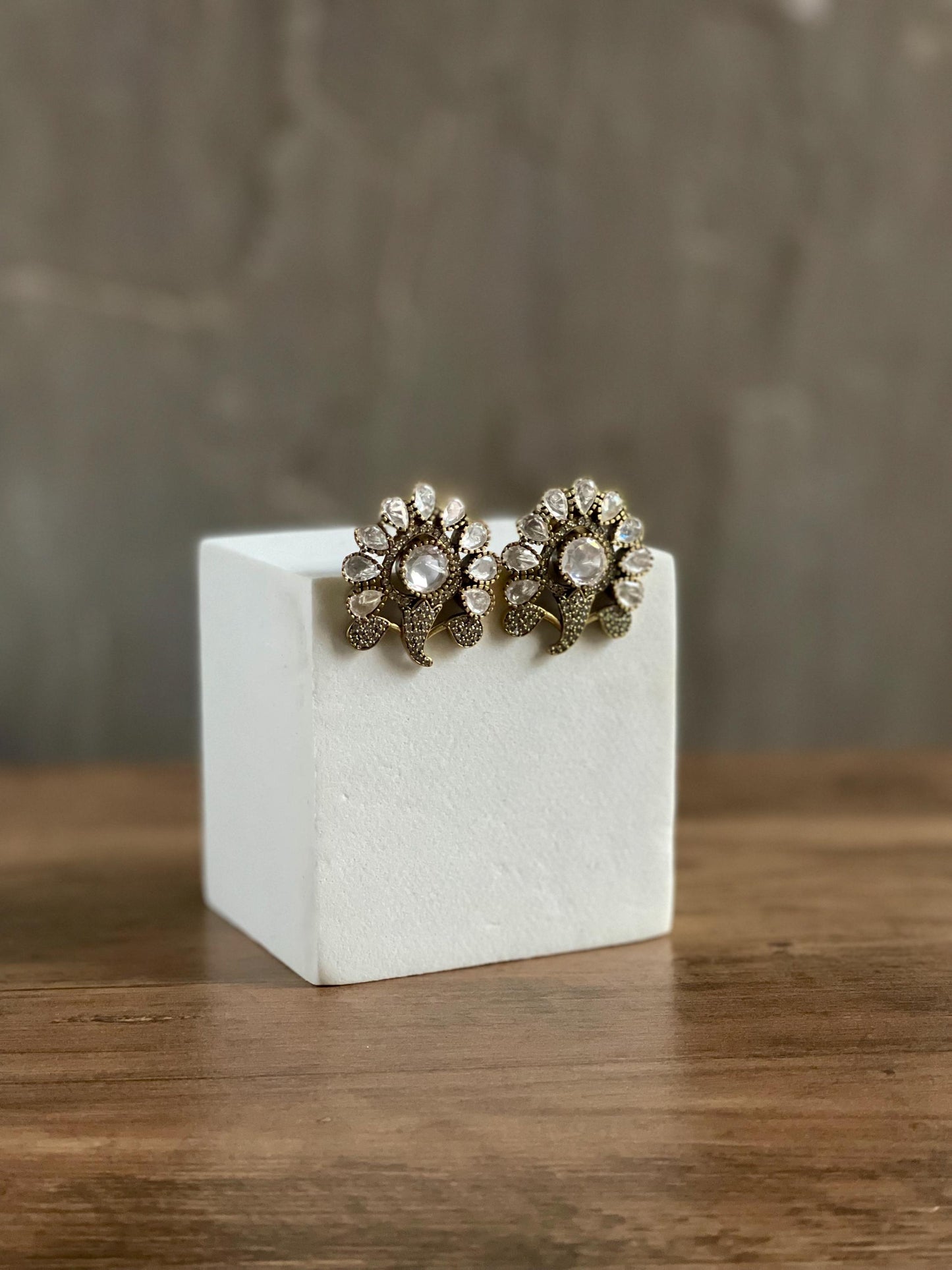 GLORIA | Polki Floral Statement Studs: Crystal & Antique Gold, Red/Pink/Green