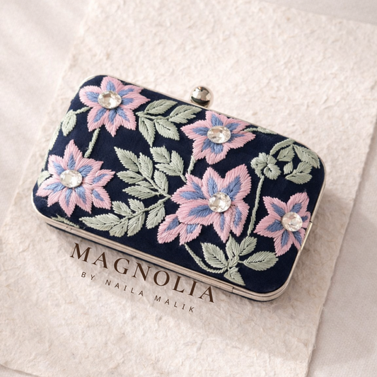 CANBERRA Vol II | Elegant Navy Blue Silk Floral Embroidered Clutch