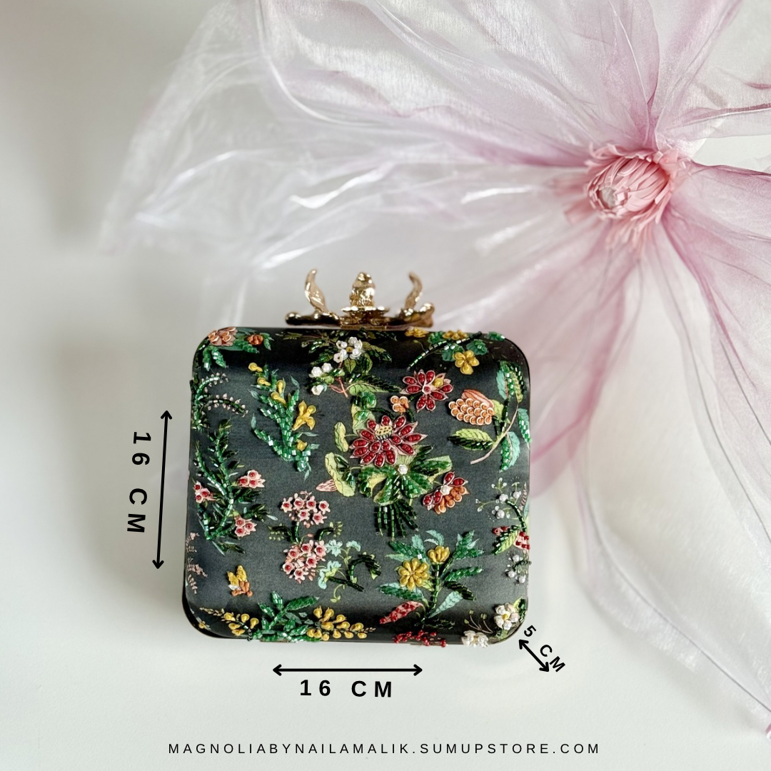 SEVILLE | Floral Printed Clutch Bag with Embellishment and Thread Embroidery