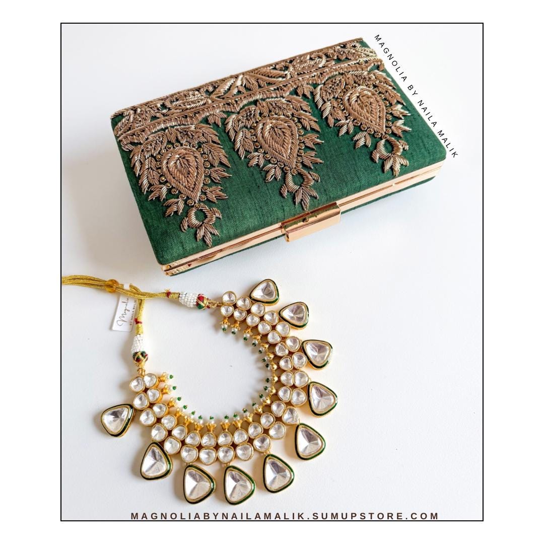AMARNA | Green Clutch | Zardozi Dabka Embroidery | Paisley Wedding Clutch | Festive Bridal Purse | Traditional Evening Bag