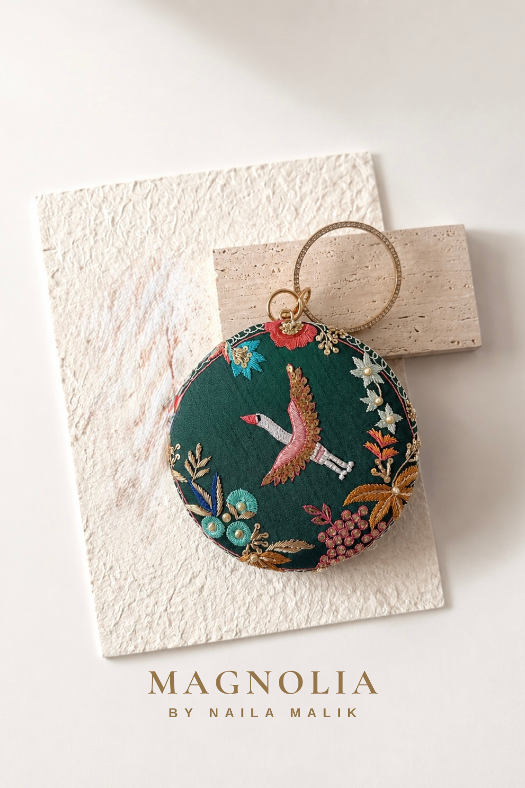 FEZ| Green Crane Embroidery Clutch