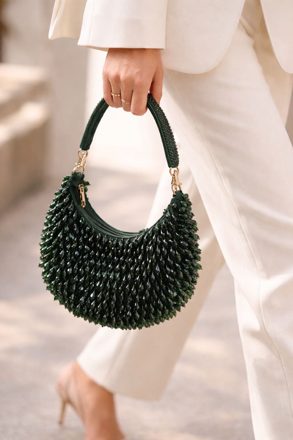 PORTOBELLO ROAD Emerald Green Beaded Party Purse | Luxury Handmade Evening Statement Bag
