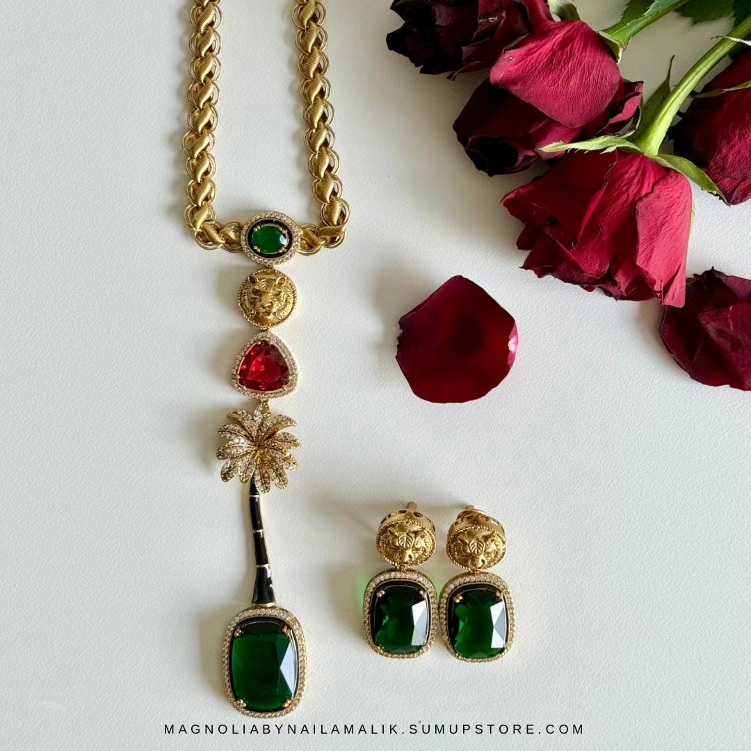 LANA Tiger and Palm Motif Designer Statement Necklace and Earrings Set in Green, Yellow and Red Stones 2 Variations