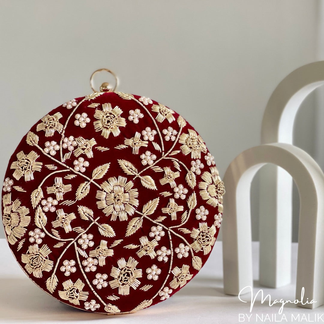 AGRA Maroon Velvet Round Clutch (Final Stock)