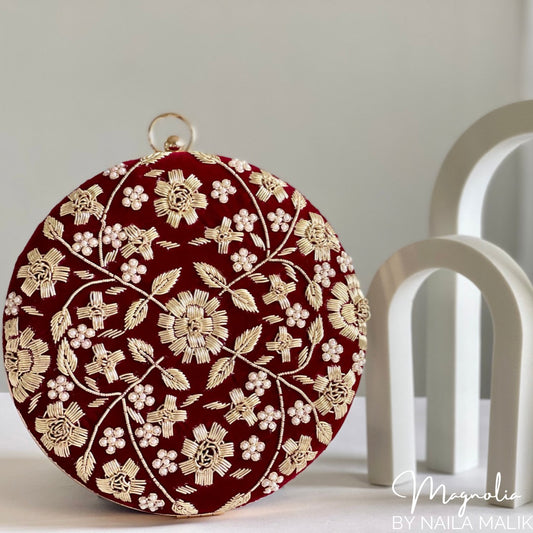 AGRA Maroon Velvet Round Clutch (Final Stock)