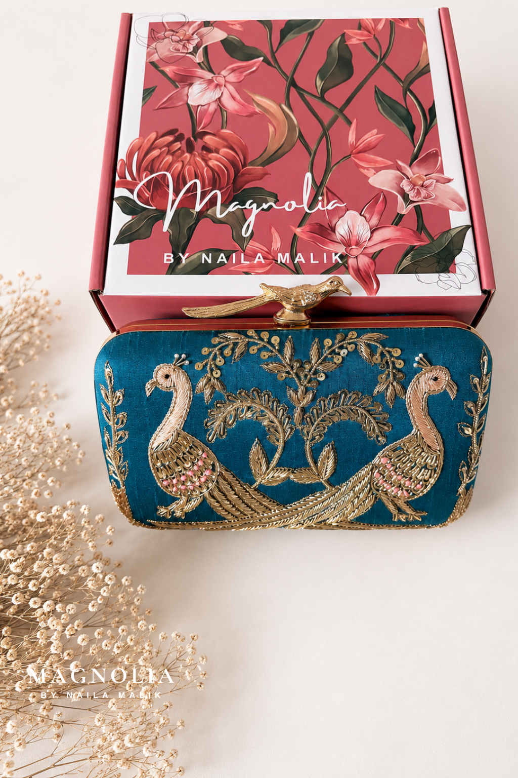 MARBELLA | Teal Bird Embroidery Clutch Bag