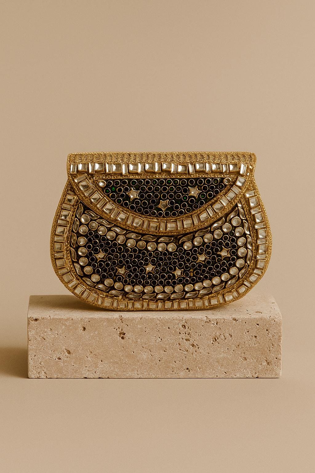 MASHHAD | Gold & Green Evening Bag | Kundan Clutch | Mini Embellished Minaudière Bag | Indian Wedding Purse | Handcrafted Bridal Clutch